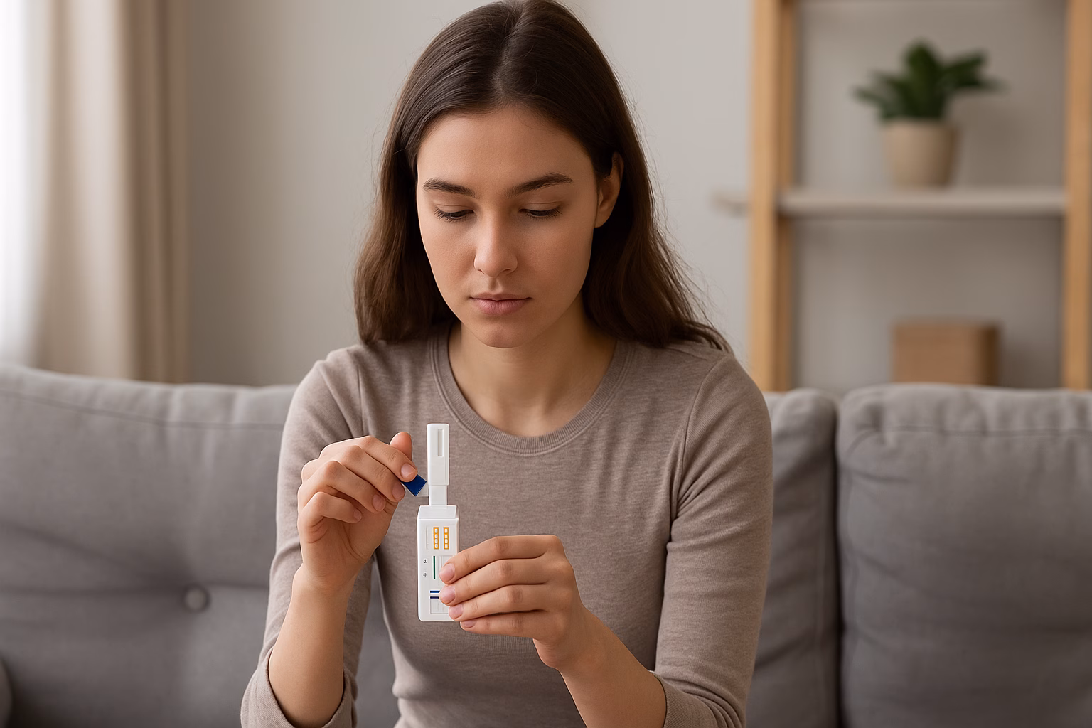 Young woman using an at-home drug testing kit in her living room, following instructions carefully.