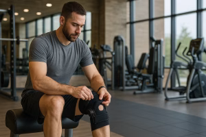 Man adjusting a knee brace in a modern gym before starting workout