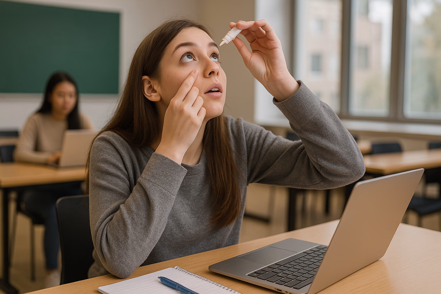 Young woman in a classroom applying preservative-free eye drops for dry eye relief while studying on her laptop.