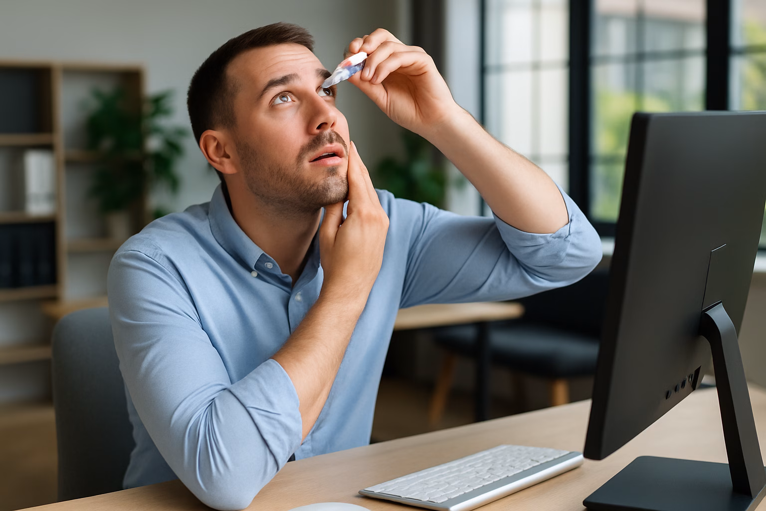 Man applying eye drops at his office desk in front of a computer, without glasses.