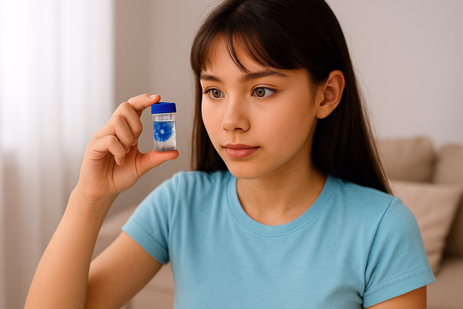 Young woman inspecting a Clear Care hydrogen peroxide contact lens case at home