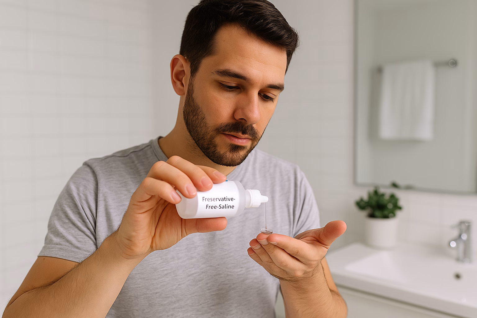 Man carefully cleaning a contact lens with preservative-free saline solution in a modern bathroom setting.