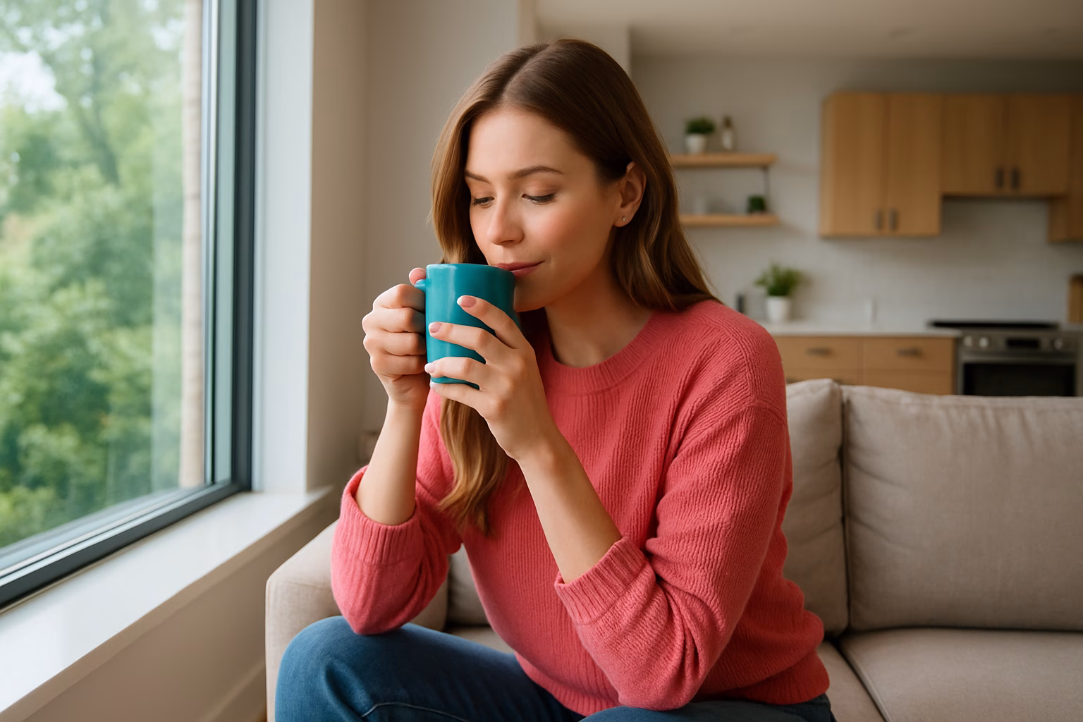 A young woman in a modern home sitting by a large window, drinking hot tea from a blue mug, surrounded by natural light and cozy decor.