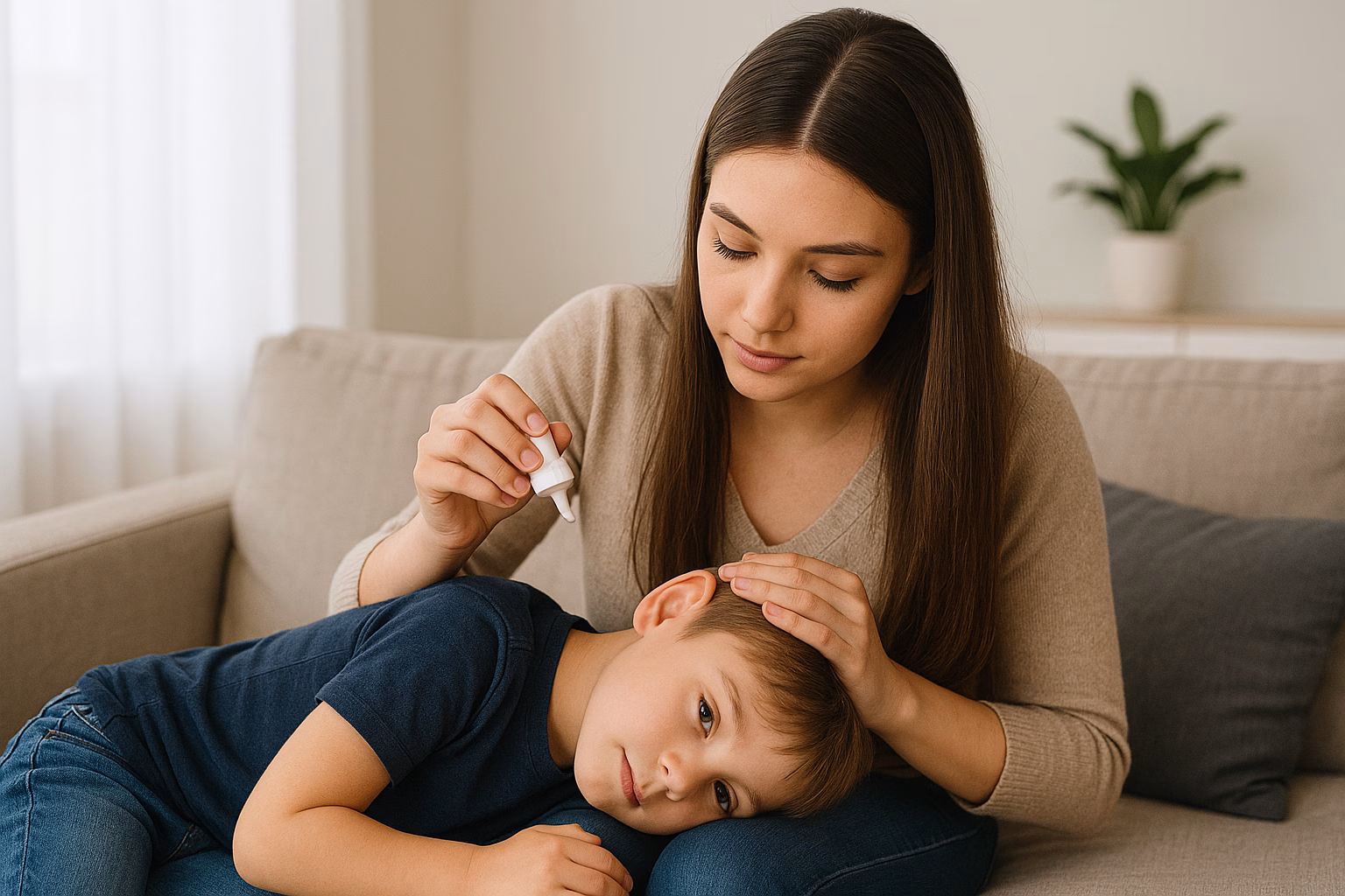 Young mother with long hair gently placing ear drops into her son’s ear while he lies on her lap, illustrating safe pharmacist-recommended ear care at home.