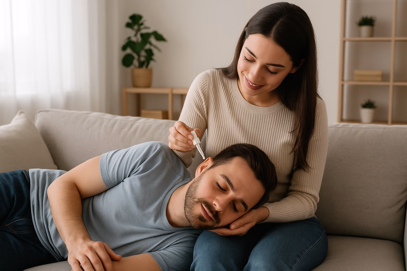 A woman carefully putting ear drops into her husband’s ear while he rests on her lap, demonstrating safe at-home earwax removal.
