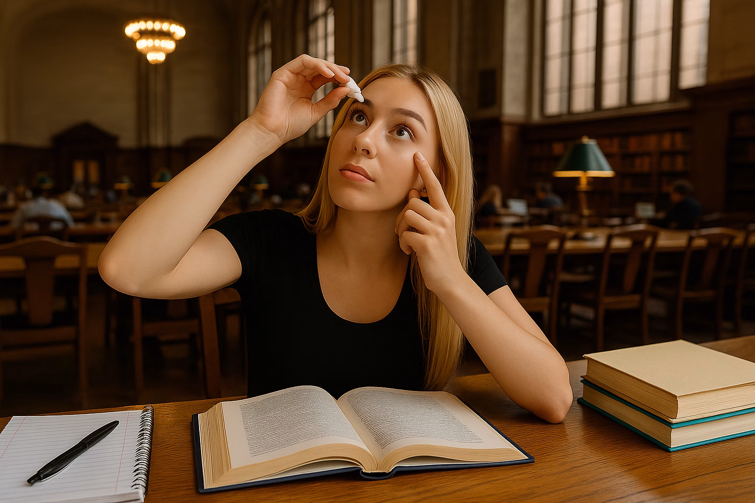 College student in an Ivy League library applying eye drops for allergy relief while studying with books on the table.