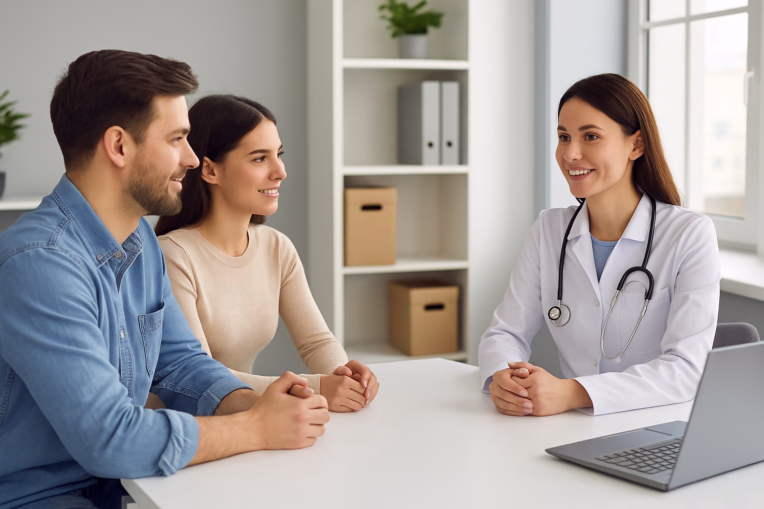 Young couple consulting a fertility doctor in a modern clinic about fertility supplements and treatment options.