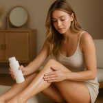 A young woman applying moisturizing lotion to her legs in a bright, modern bedroom — illustrating the importance of daily skincare for people managing diabetes, including the use of pharmacist-recommended diabetic foot creams.