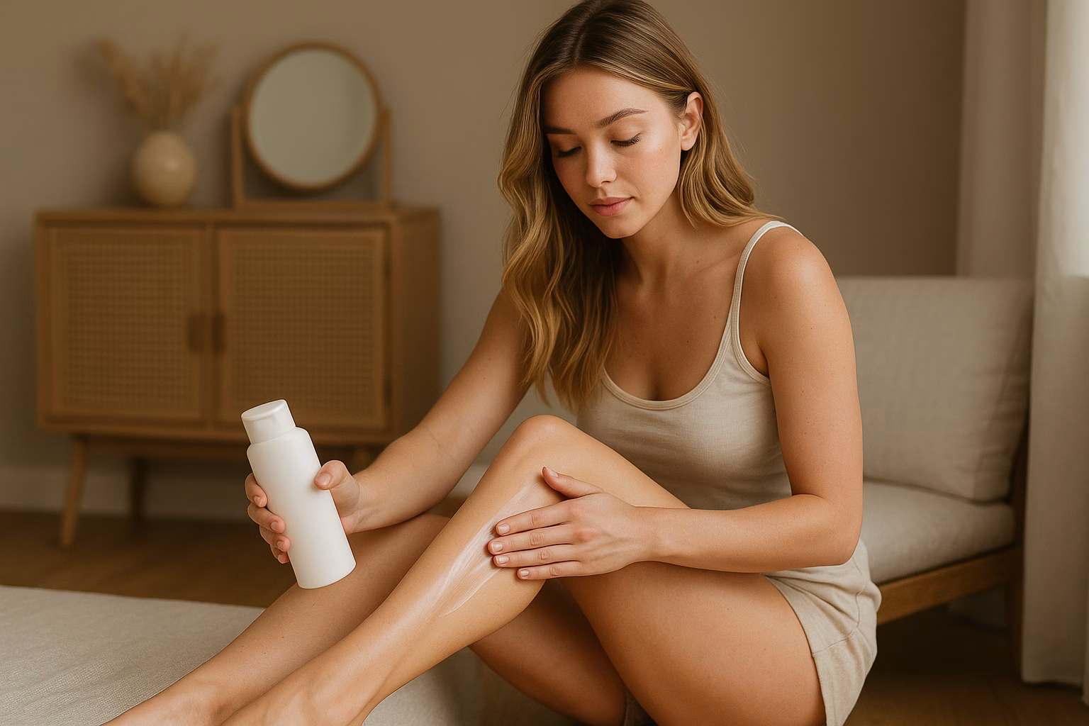 A young woman applying moisturizing lotion to her legs in a bright, modern bedroom — illustrating the importance of daily skincare for people managing diabetes, including the use of pharmacist-recommended diabetic foot creams.
