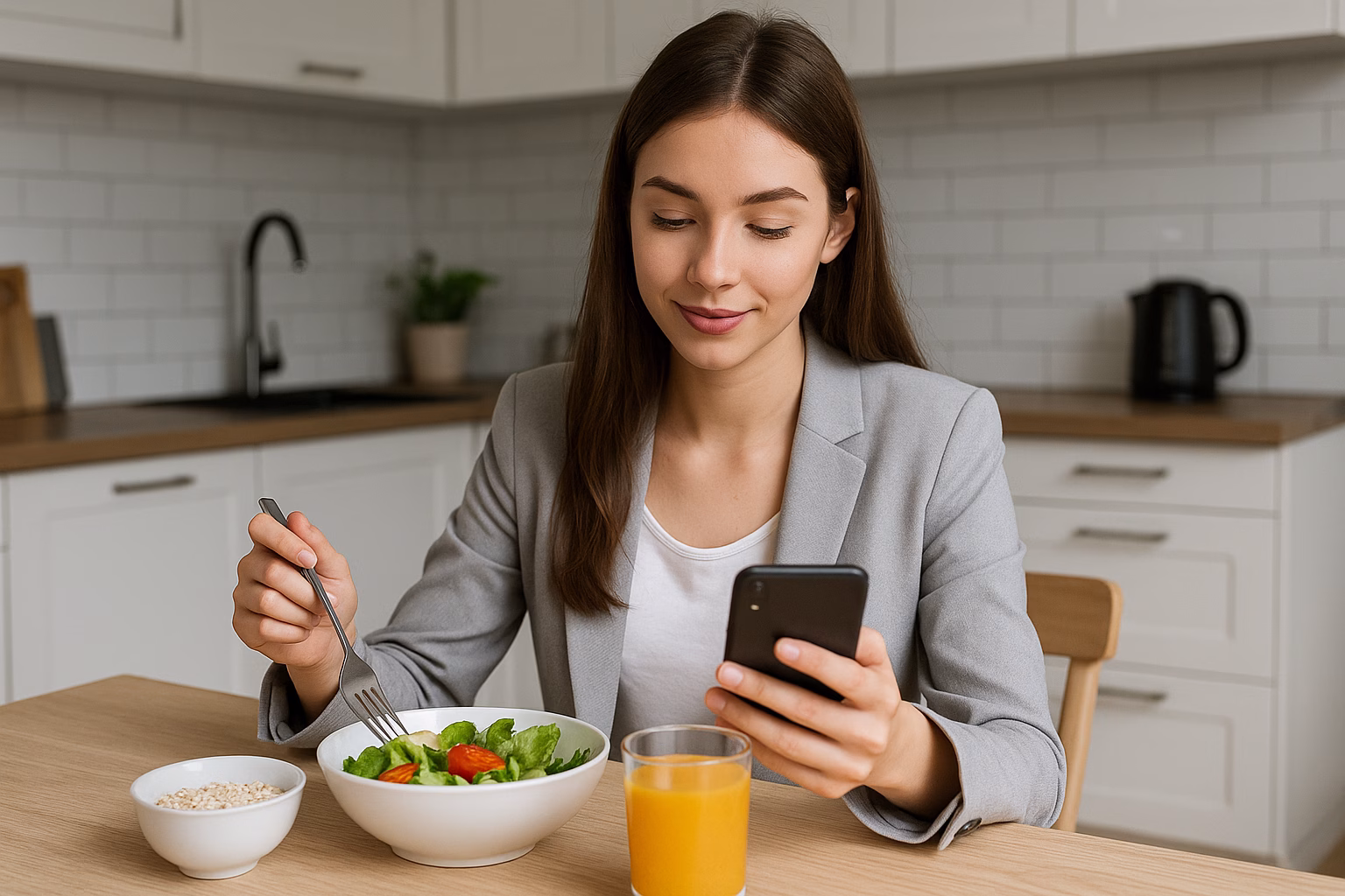 Young professional woman eating a light, healthy breakfast in her modern kitchen while reading her phone before work.