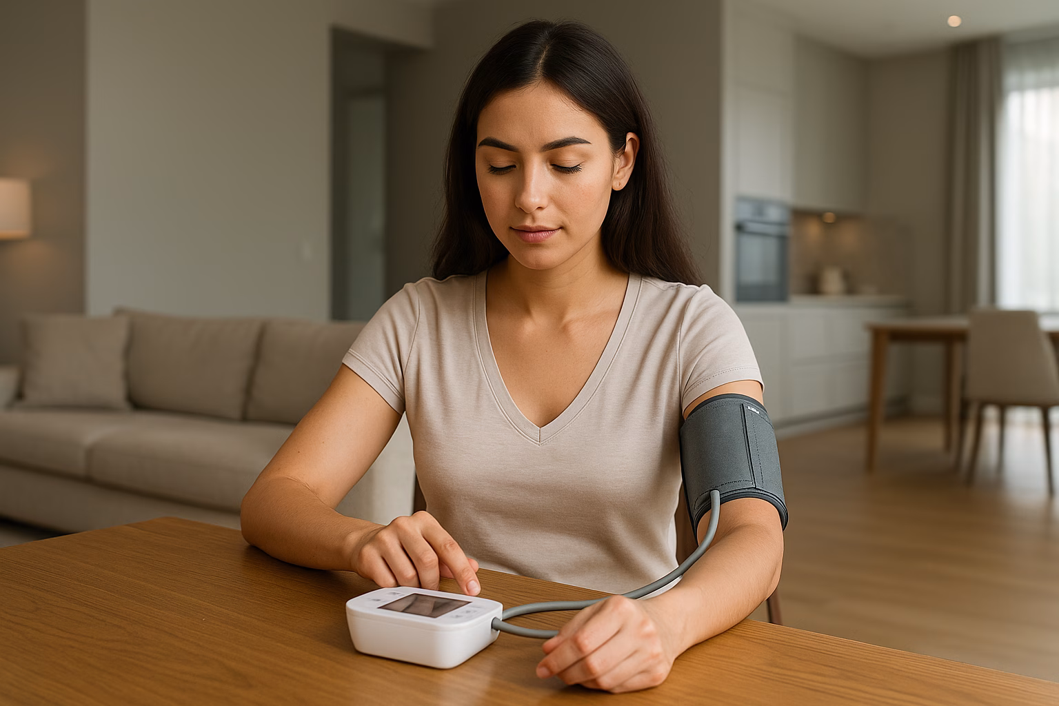 Beautiful woman checking her blood pressure at home with an upper arm digital monitor in a modern luxurious living room.