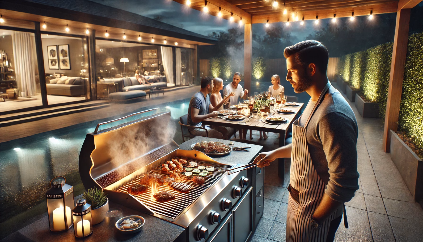 Gen X father grilling food for a family dinner in a modern backyard setting, surrounded by loved ones enjoying an evening meal—highlighting the importance of family traditions and togetherness in today's tech-driven world.