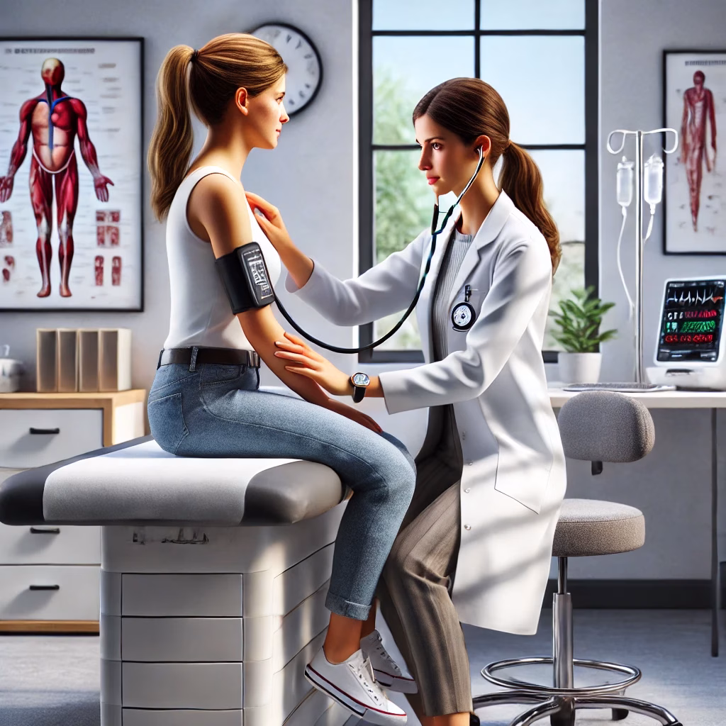 A female doctor checks a young woman's blood pressure during a health consultation in a modern medical clinic, representing access to healthcare services for freelancers and self-employed individuals with affordable insurance options.