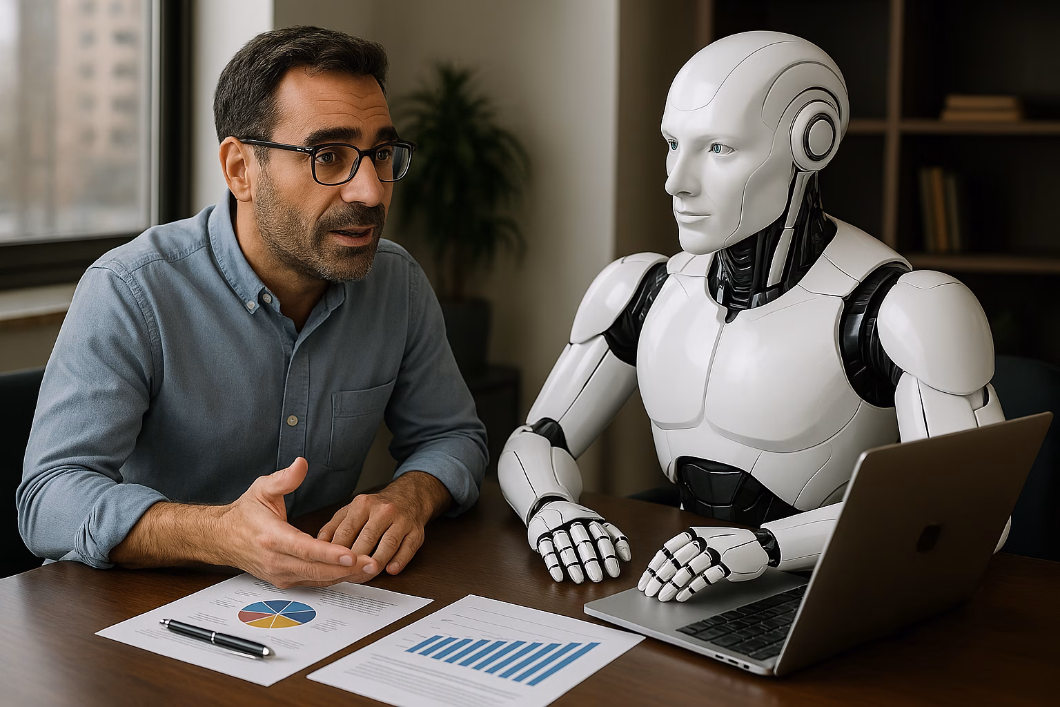 A high net worth professional consulting with a realistic humanoid robot financial advisor in a modern office, representing advanced AI-driven wealth management trends and smart investment solutions.