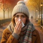 Young woman in autumn clothing blowing her nose with a tissue while walking in a park, symbolizing seasonal congestion and cold relief.