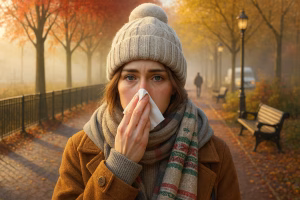 Young woman in autumn clothing blowing her nose with a tissue while walking in a park, symbolizing seasonal congestion and cold relief.