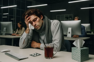 Exhausted man at work using tissues and cold medicine with tea on his desk, representing daytime cough, cold, and flu relief.
