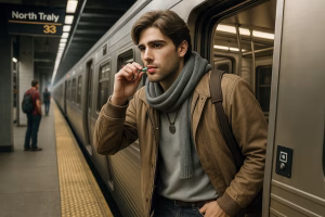 Young man on a subway platform sucking on a cough lozenge for throat relief, wearing a scarf and jacket.