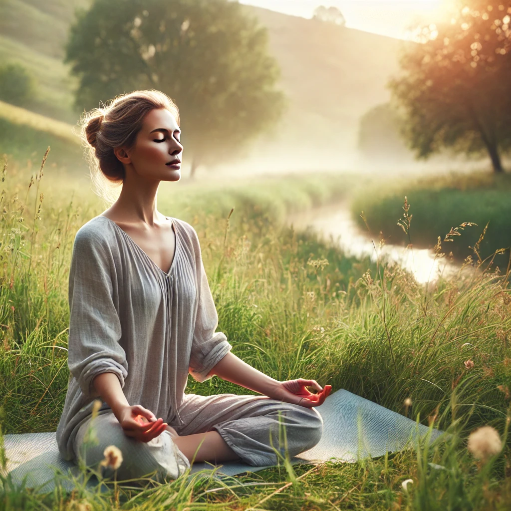 Peaceful woman meditating outdoors at sunrise in a grassy meadow—representing calm, mindfulness, and daily habits that support emotional well-being and reduce stress.