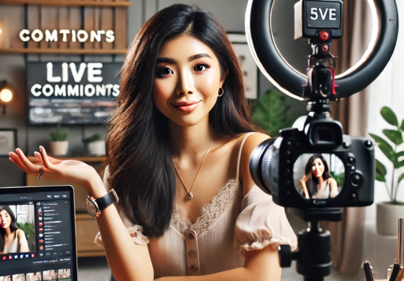 Content creator livestreaming from a professional setup with camera, ring light, and digital dashboard—symbolizing the evolving influence of real and virtual personalities in the world of online marketing.