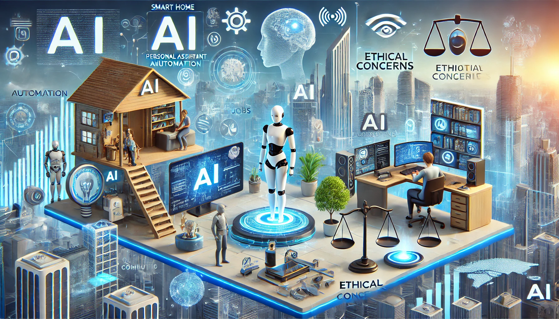 A futuristic digital landscape illustrating AI integration in daily life. The image features AI-powered smart home automation, a person using an AI personal assistant, a holographic display representing AI-generated content, and a modern workspace with AI-enhanced writing, coding, and design tools. A humanoid robot and quantum computing elements symbolize cutting-edge technology, while an automation-driven worker highlights AI’s impact on jobs. Ethical considerations are represented by a balance scale weighing AI benefits and risks. A high-tech cityscape in the background signifies the AI-powered future.