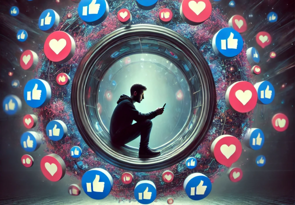 Silhouetted man inside a glowing digital tunnel surrounded by floating social media icons—representing the isolating and belief-reinforcing effects of online echo chambers and algorithm-driven content.