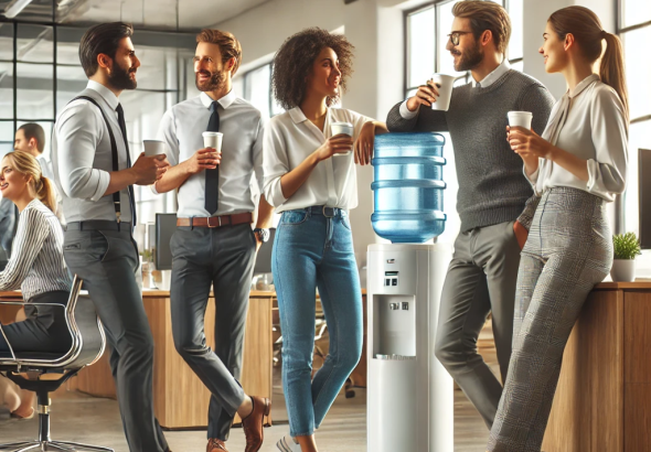 Diverse group of young professionals chatting by a water cooler in a modern office, symbolizing how internet memes influence political conversations and cultural trends in everyday social settings.