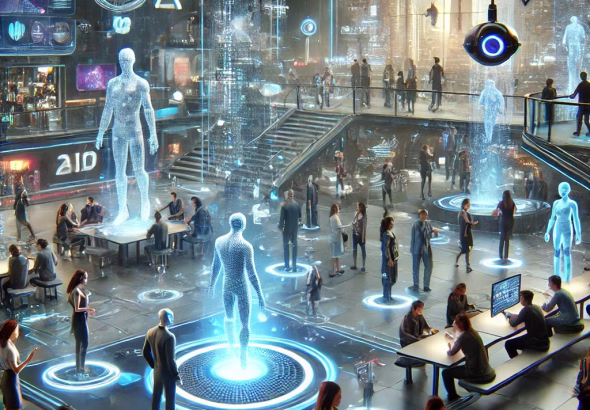 Futuristic metaverse socializing scene in the year 2100, featuring holographic avatars interacting in a high-tech virtual city with floating platforms, AI-driven assistants, and augmented reality overlays. Neon lights, digital billboards, and immersive conversations showcase the evolution of social interactions in an advanced cyber world.