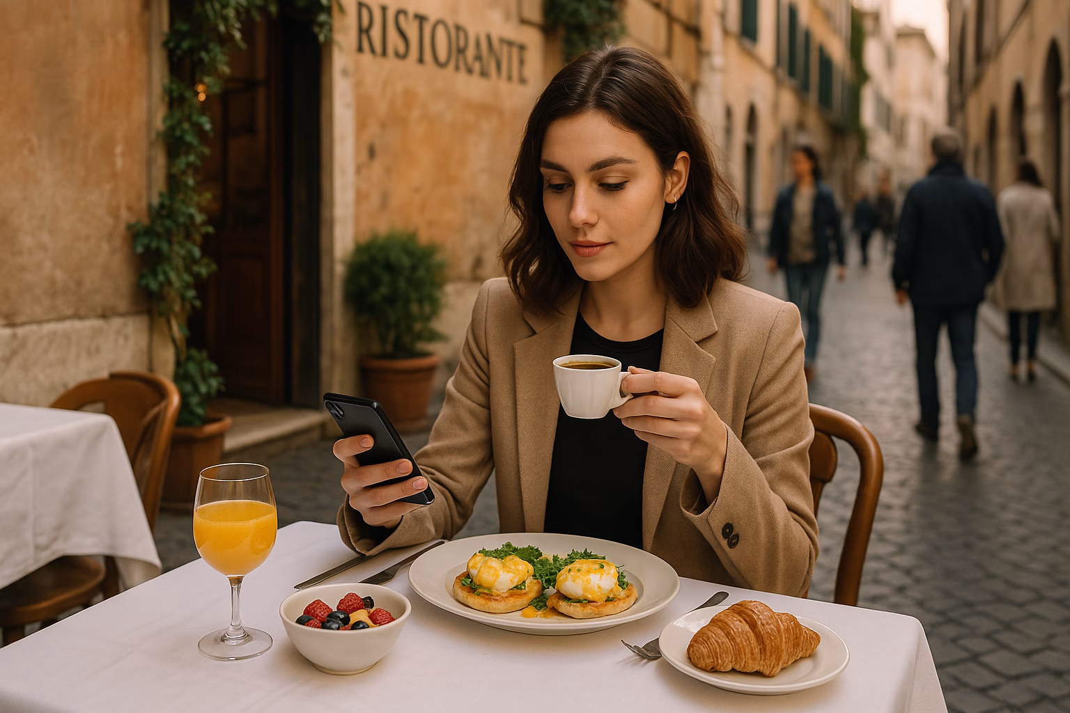 Millennial woman using a dating app on her phone while enjoying breakfast at an outdoor café in Europe — representing modern, tech-savvy dating lifestyles in 2025.