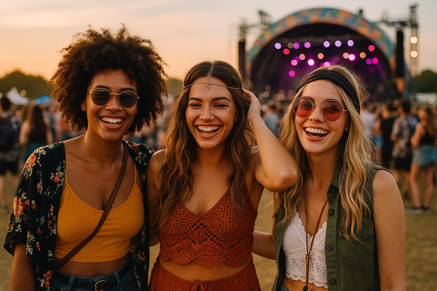 Three stylish young women smiling at Coachella 2025 during sunset, dressed in trendy festival outfits with sunglasses, with a colorful stage and lively crowd in the background.