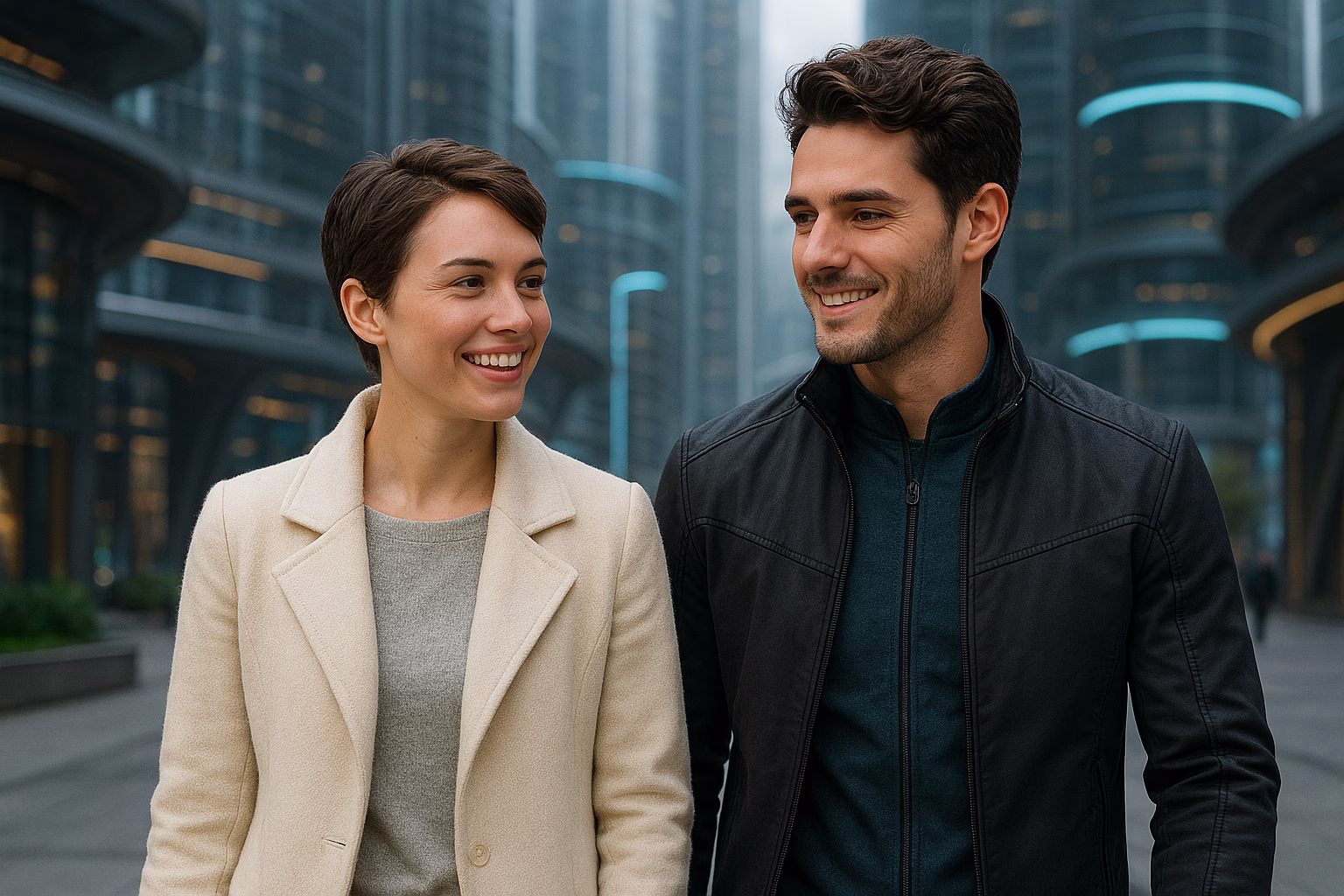 Two young adults walking and smiling in a futuristic cityscape, symbolizing the optimism, connection, and forward-thinking mindset fostered by reading transformative novels that promote empathy, social justice, and global citizenship.