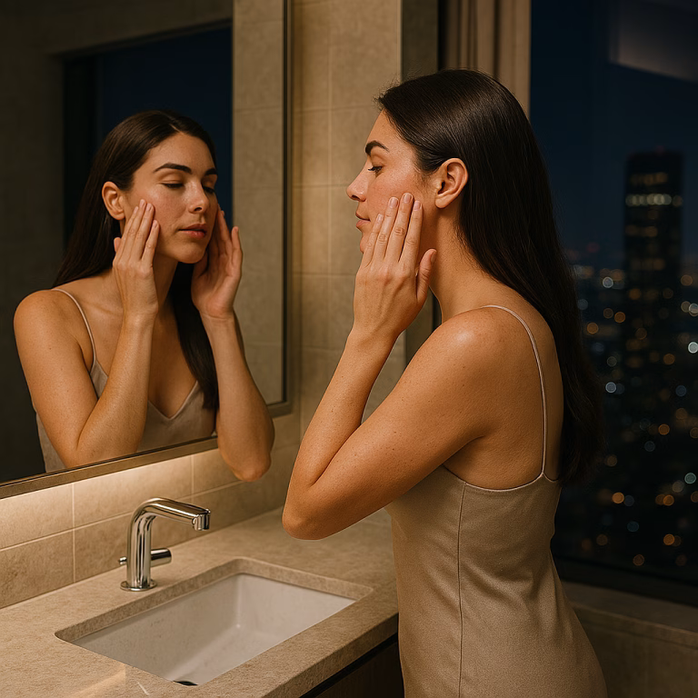 A young woman in a satin nightgown gently applies serum to her face with her fingertips in front of a bathroom mirror at night, with a modern sink and city skyline in the background — ideal visual for articles on nighttime skincare routines and hormonal acne treatments for women.