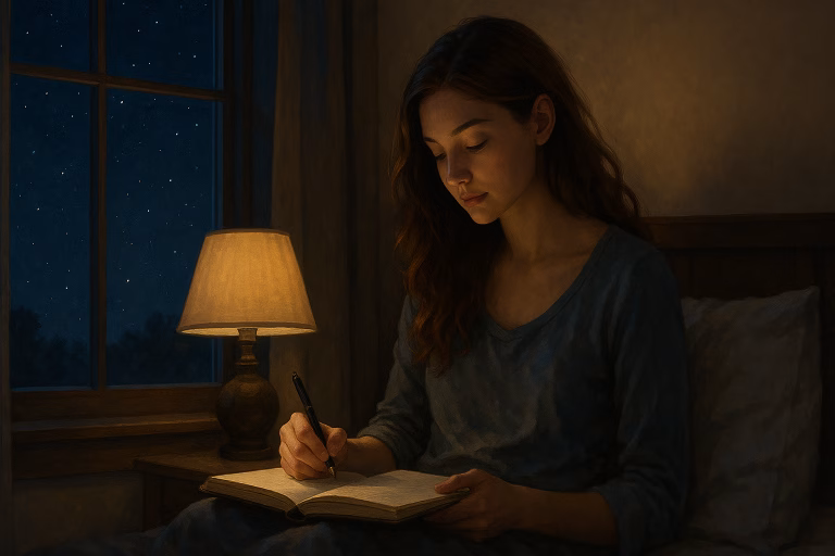 Woman practicing gratitude journaling at night in a cozy bedroom, symbolizing brain training techniques for happiness and emotional wellness.