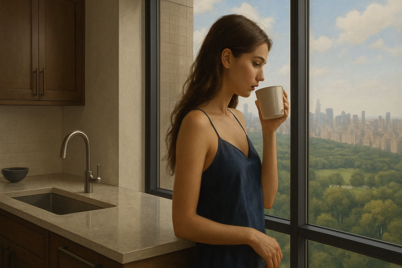 Young woman sipping coffee by a large apartment window overlooking a city park, reflecting calmly on her finances and building mindful daily habits to stop overspending.