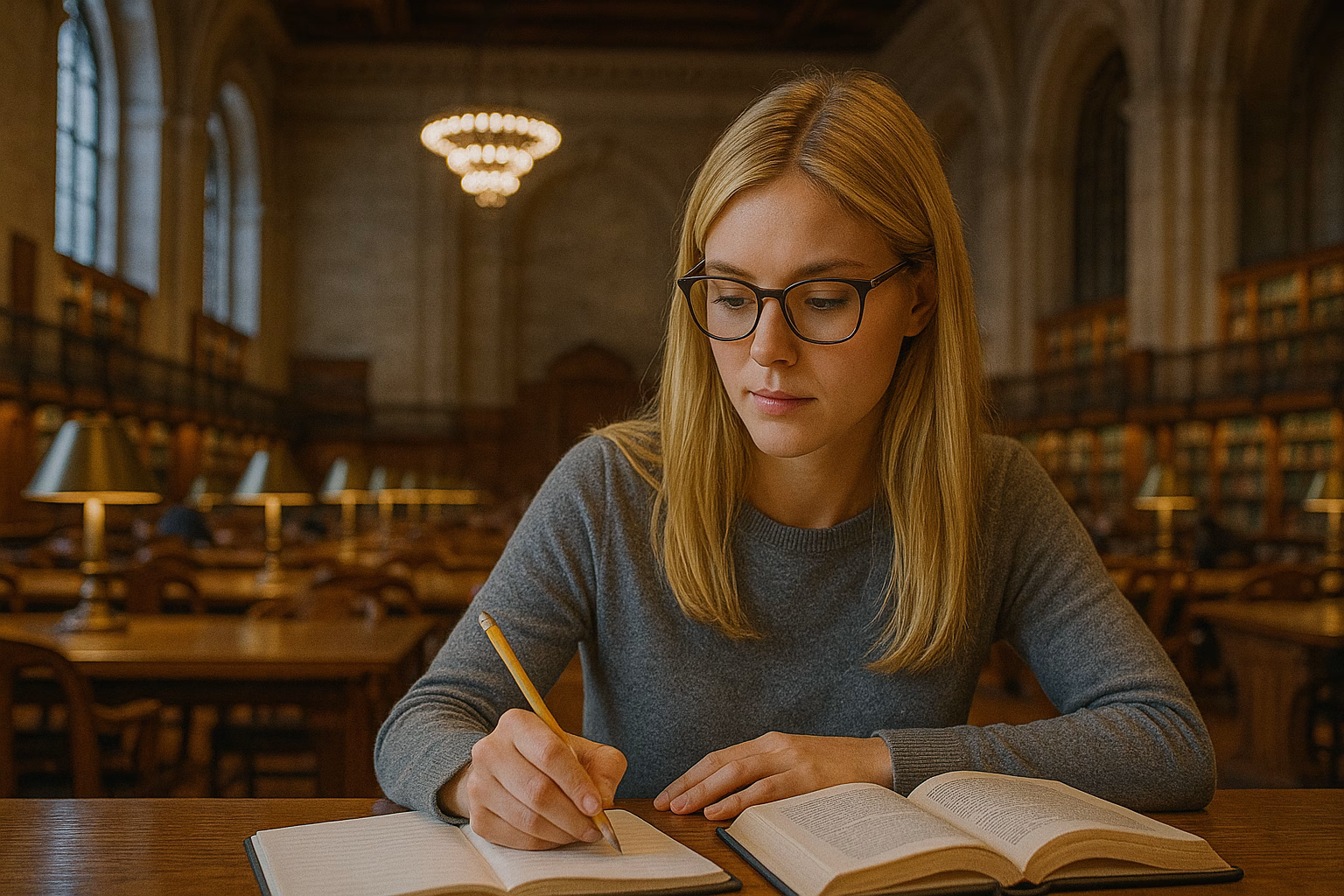 A young woman wearing glasses writes thoughtfully in a journal while studying philosophy books in a grand library, symbolizing personal growth, reflection, and mind transformation through timeless wisdom.