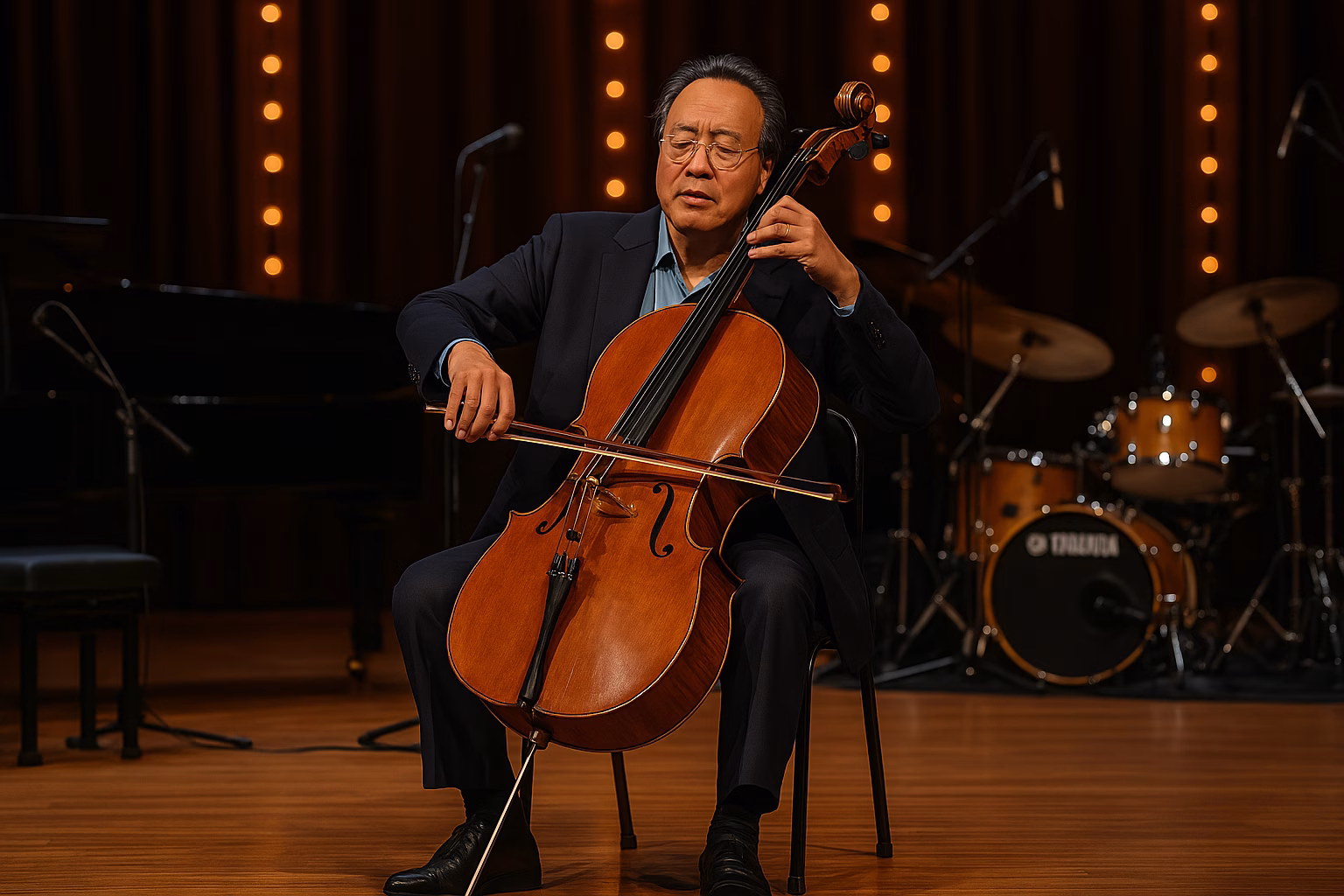 World-renowned cellist performing live on stage, representing one of the most influential people of the 21st century in arts and culture.