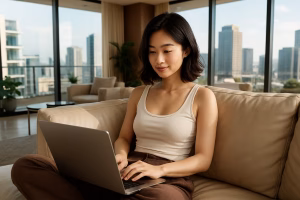 Young East Asian woman working on a laptop in a luxurious, sunlit apartment—researching AI tools to launch a profitable side hustle online.