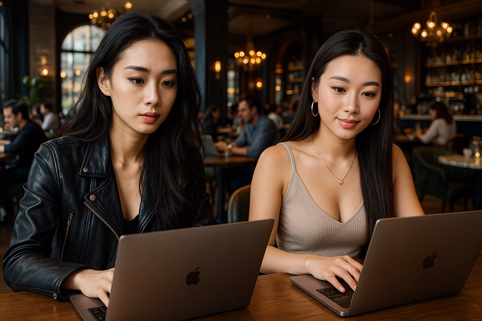 Two young women collaborating on laptops in a stylish cafe, creating a viral social content strategy to boost engagement