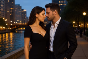 Stylish man and woman in evening attire sharing an intimate moment on a city riverwalk at dusk—visual cue for how couples can naturally boost libido after 40.