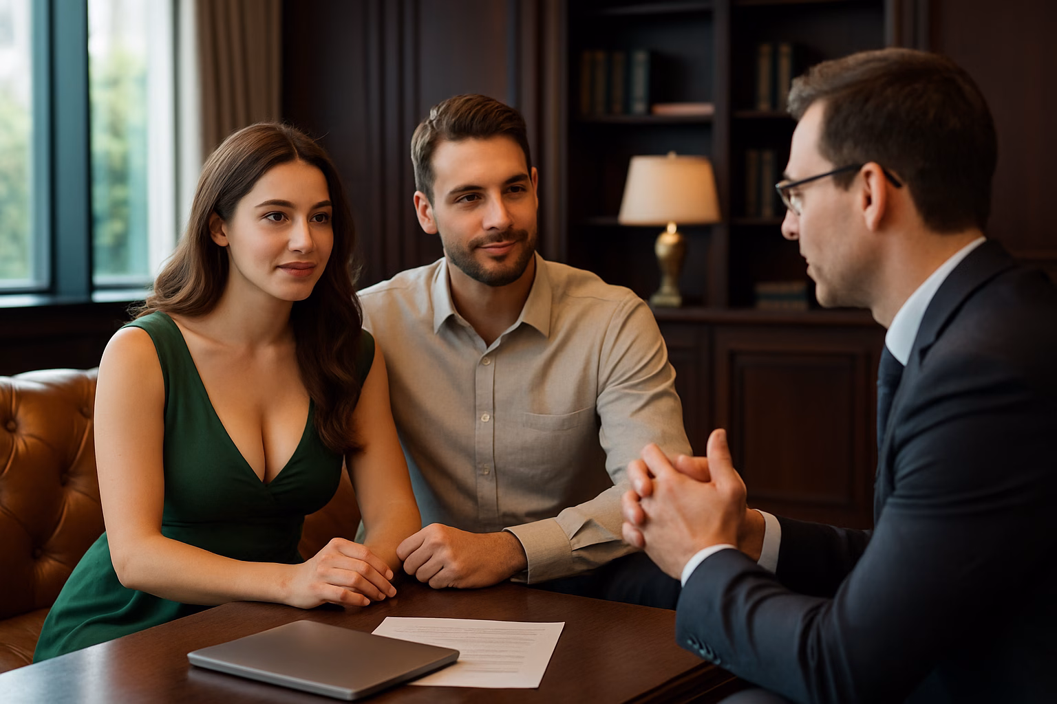 Young couple discusses current CD rates with a financial advisor in a luxury office, planning where to park cash safely in July 2025.