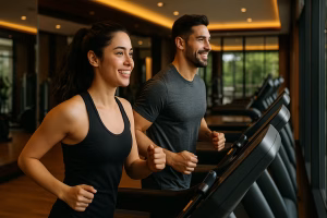 Young couple exercising on treadmills in a gym to support blood sugar control and metabolic health.