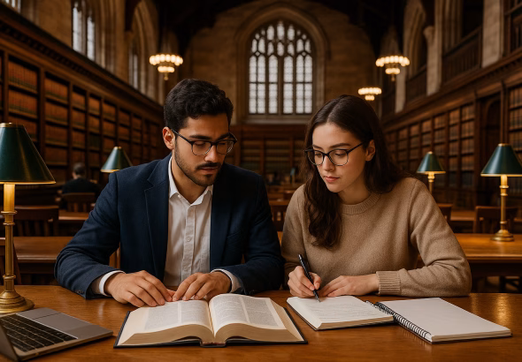A law school couple studying together in a prestigious Ivy League library, surrounded by legal books and laptops, focused on learning.