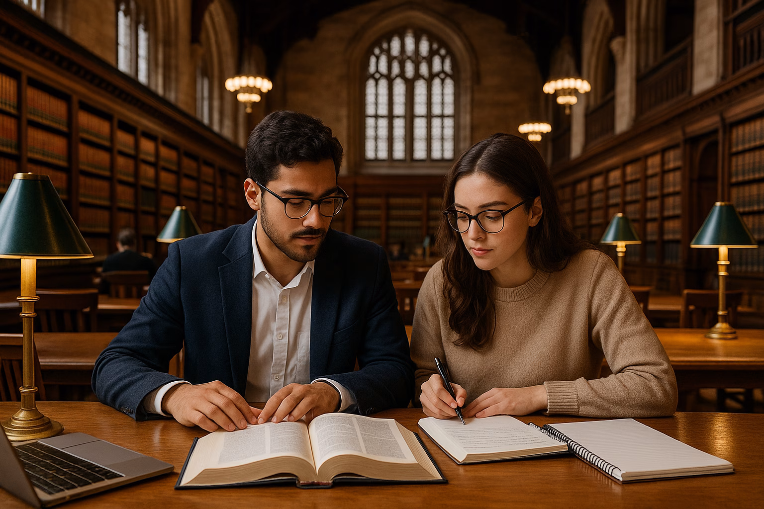 A law school couple studying together in a prestigious Ivy League library, surrounded by legal books and laptops, focused on learning.