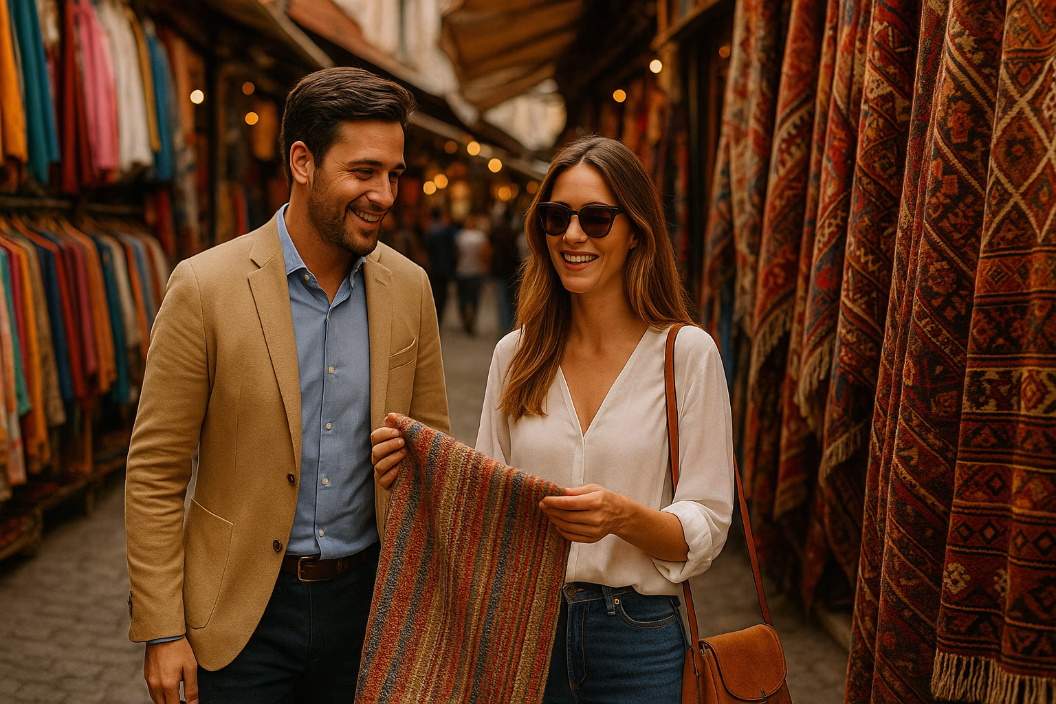 Couple shopping for textiles at a busy Turkish open-air market during vacation.