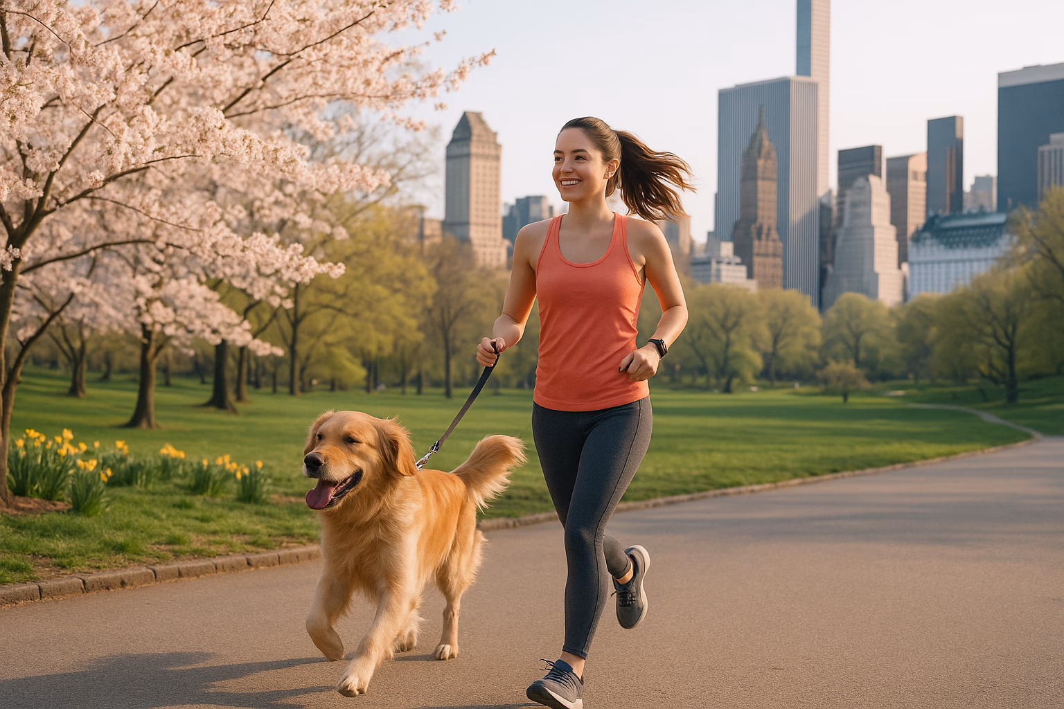 Beautiful young woman jogging with her Golden Retriever dog in New York’s Central Park during spring, promoting exercise and longevity in pets.