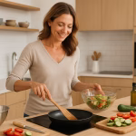 Beautiful woman in her 40s cooking a healthy meal in a modern kitchen with fresh vegetables.