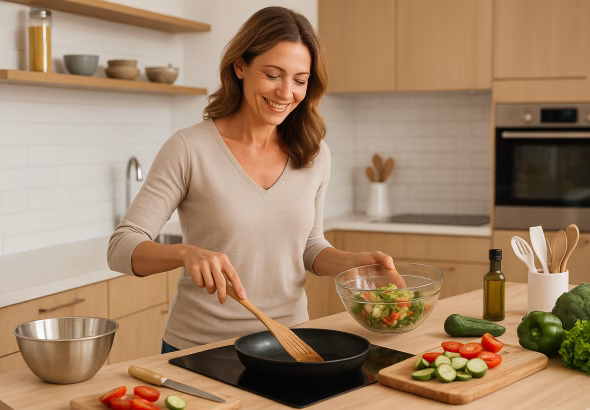 Beautiful woman in her 40s cooking a healthy meal in a modern kitchen with fresh vegetables.