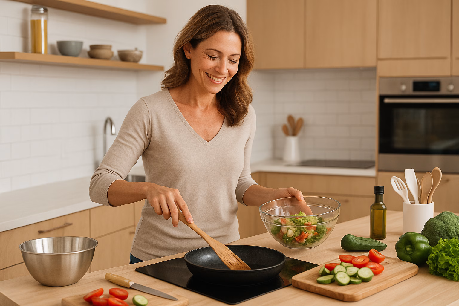 Beautiful woman in her 40s cooking a healthy meal in a modern kitchen with fresh vegetables.
