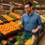 A man grocery shopping for healthy fruits and vegetables at a health food market, choosing fresh produce for balanced blood sugar support.
