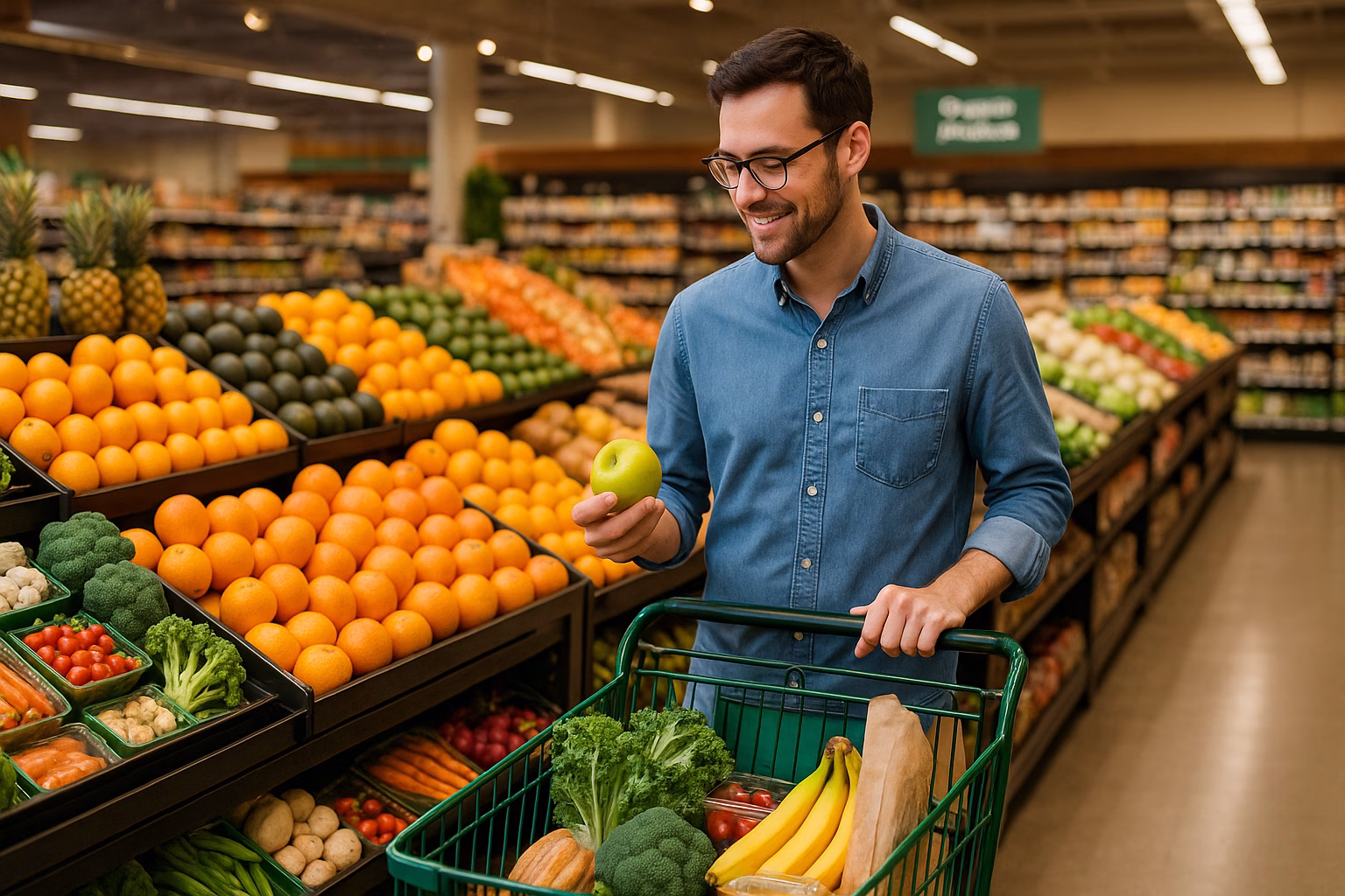 A man grocery shopping for healthy fruits and vegetables at a health food market, choosing fresh produce for balanced blood sugar support.